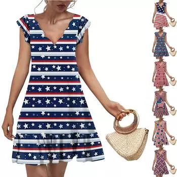 Женское модное повседневное платье с V-образным вырезом и волнистым краем с принтом «День независимости» с короткими рукавами L