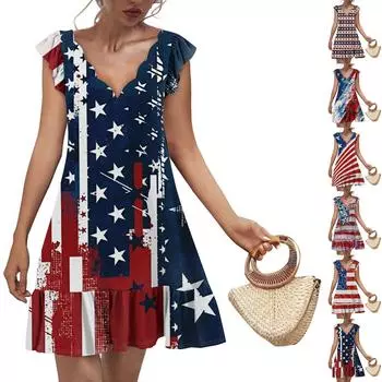 Женское модное повседневное платье с V-образным вырезом и волнистым краем с принтом «День независимости» с короткими рукавами XXL