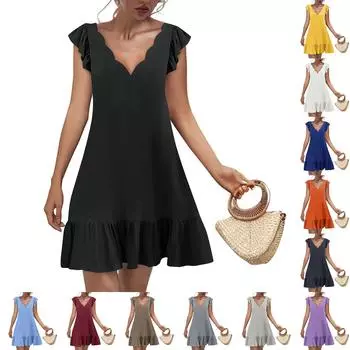 Женское модное повседневное платье с V-образным вырезом и волнистым краем, однотонное, с коротким рукавом M жёлтый