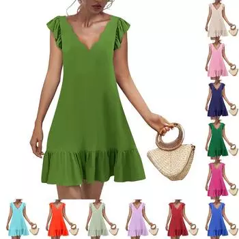 Женское модное повседневное платье с V-образным вырезом и волнистым краем, однотонное, с коротким рукавом L