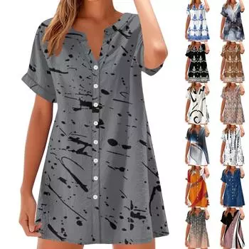 Женское модное повседневное платье с V-образным вырезом и коротким рукавом на пуговицах в стиле ретро с цветными блоками и принтом M чёрный