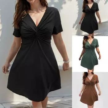 Женское модное повседневное платье с V-образным вырезом и витым узлом, однотонное, с коротким рукавом, большого размера XXL чёрный