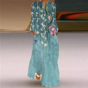 Женское модное повседневное платье с V-образным вырезом и принтом, длинными рукавами и карманами, длинная юбка L синий