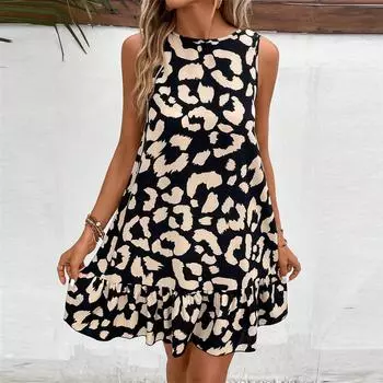 Женское модное повседневное платье с высокой талией и принтом L чёрный