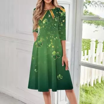 Женское модное повседневное платье средней длины с круглым вырезом и рукавом семь четвертей L армия зеленый