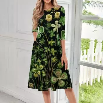 Женское модное повседневное платье средней длины с круглым вырезом и рукавом семь четвертей L армия зеленый