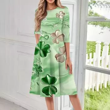 Женское модное повседневное платье средней длины с круглым вырезом и рукавом семь четвертей L армия зеленый