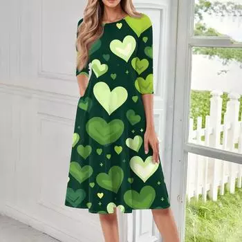 Женское модное повседневное платье средней длины с круглым вырезом и рукавом семь четвертей L армия зеленый