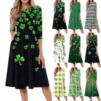 Женское модное повседневное платье средней длины с круглым вырезом и рукавом семь четвертей L армия зеленый