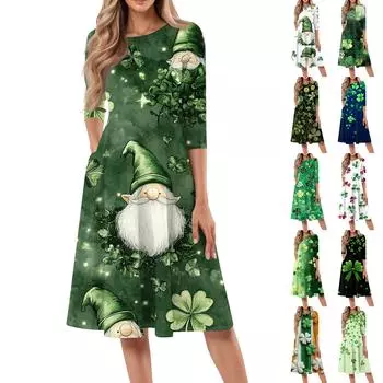 Женское модное повседневное платье средней длины с круглым вырезом и рукавом семь четвертей M