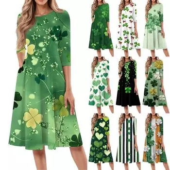 Женское модное повседневное платье средней длины с круглым вырезом и рукавом семь четвертей XXL