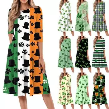 Женское модное повседневное платье средней длины с круглым вырезом и рукавом семь четвертей L