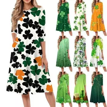 Женское модное повседневное платье средней длины с круглым вырезом и рукавом семь четвертей L армия зеленый