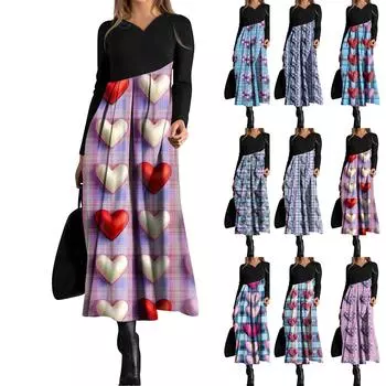 Женское модное повседневное платье свободного покроя с V-образным вырезом, длинными рукавами, цветочным принтом и карманом на талии L синий