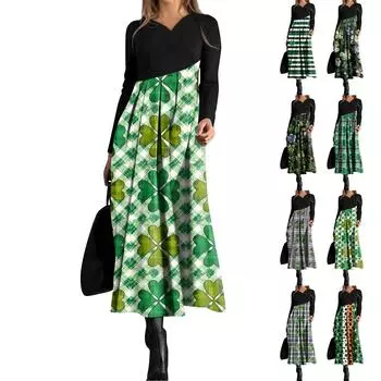 Женское модное повседневное платье свободного покроя с V-образным вырезом, длинными рукавами, цветочным принтом и карманом на талии L армия зеленый