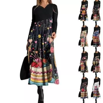 Женское модное повседневное платье свободного покроя с V-образным вырезом, длинными рукавами, цветочным принтом и карманом на талии L чёрный