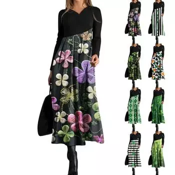 Женское модное повседневное платье свободного покроя с V-образным вырезом, длинными рукавами, цветочным принтом и карманом на талии L армия зеленый
