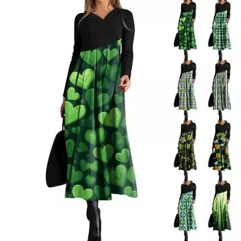 Женское модное повседневное платье свободного покроя с V-образным вырезом, длинными рукавами, цветочным принтом и карманом на талии L армия зеленый