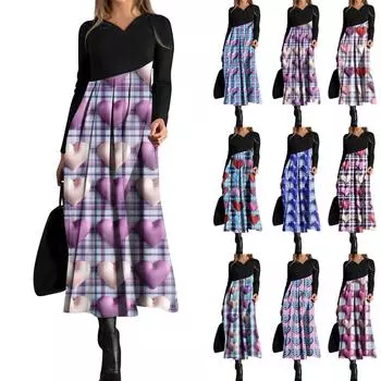 Женское модное повседневное платье свободного покроя с V-образным вырезом, длинными рукавами, цветочным принтом и карманом на талии L синий