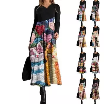 Женское модное повседневное платье свободного покроя с V-образным вырезом, длинными рукавами, цветочным принтом и карманом на талии L чёрный