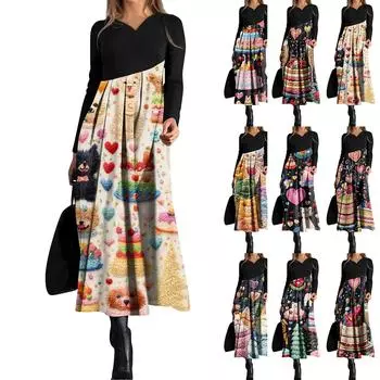 Женское модное повседневное платье свободного покроя с V-образным вырезом, длинными рукавами, цветочным принтом и карманом на талии L чёрный