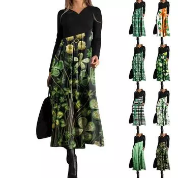 Женское модное повседневное платье свободного покроя с V-образным вырезом, длинными рукавами, цветочным принтом и карманом на талии L армия зеленый
