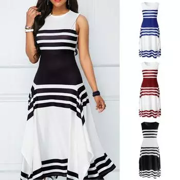 Женское модное повседневное платье трапециевидной формы в полоску без рукавов с круглым вырезом, вечерние платья S красный