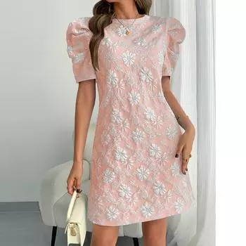 Женское модное повседневное платье в стиле ретро с короткими рукавами и круглым вырезом S розовый