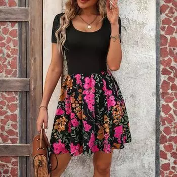 Женское модное повседневное платье в стиле ретро с принтом и цветными блоками M