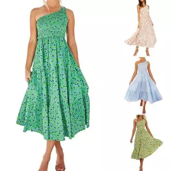 Женское модное повседневное плиссированное платье средней длины на одно плечо с принтом XXL