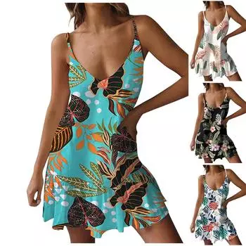 Женское модное повседневное пляжное платье с V-образным вырезом и ремешками (Регулируемые ремешки) XXL синий