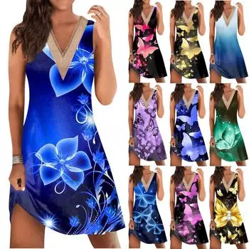 Женское модное повседневное пляжное платье с v-образным вырезом и кружевной строчкой, свободное платье на бретельках без рукавов M