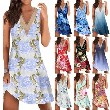 Женское модное повседневное пляжное платье с v-образным вырезом и кружевной строчкой, свободное платье на бретельках без рукавов L синий