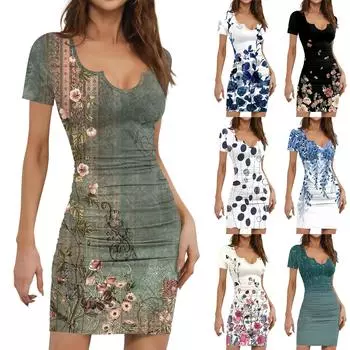 Женское модное повседневное принтованное облегающее облегающее летнее платье с коротким рукавом L зелёный