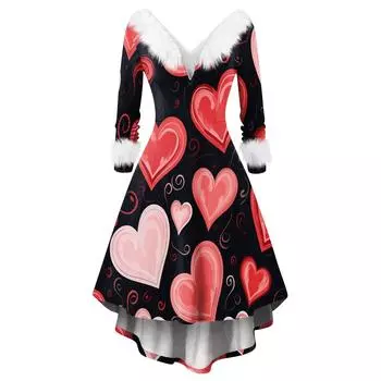 Женское модное повседневное приталенное платье с V-образным вырезом и принтом в виде сердца ко Дню святого Валентина с длинными рукавами из меха L чёрный