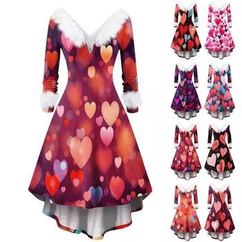 Женское модное повседневное приталенное платье с V-образным вырезом и принтом в виде сердца ко Дню святого Валентина с длинными рукавами из меха L чёрный