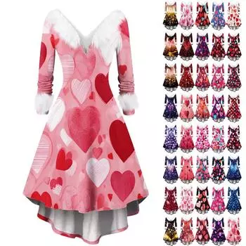 Женское модное повседневное приталенное платье с V-образным вырезом и принтом в виде сердца ко Дню святого Валентина с длинными рукавами из меха M чёрный