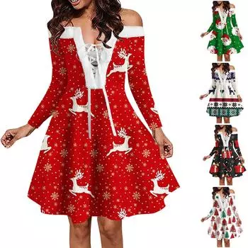 Женское модное повседневное рождественское платье с v-образным вырезом и завязками с тонким принтом XL бежевый