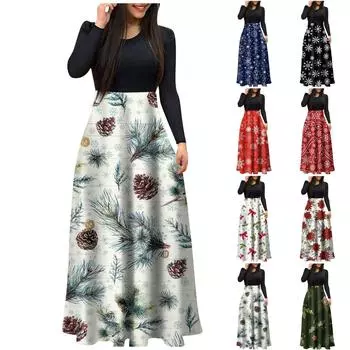 Женское модное повседневное рождественское платье с круглым вырезом и длинными рукавами, негабаритное платье макси XXL синий