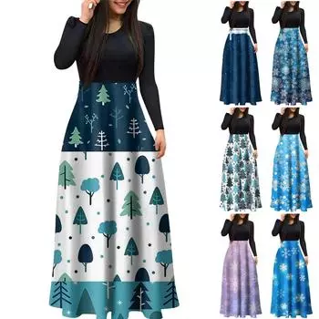 Женское модное повседневное рождественское платье с круглым вырезом и длинными рукавами, негабаритное платье макси M синий