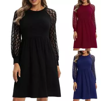 Женское модное повседневное сексуальное кружевное платье с длинными рукавами и круглым вырезом XL синий