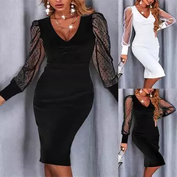 Женское модное повседневное сексуальное однотонное сетчатое платье с длинными рукавами и v-образным вырезом M чёрный