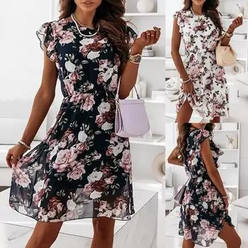 Женское модное повседневное сексуальное шифоновое платье без рукавов с круглым вырезом и оборками L чёрный