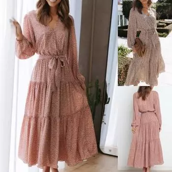 Женское модное повседневное шифоновое богемное многослойное складное платье с v-образным вырезом и принтом на шнуровке и эластичной резинкой на талии с длинными рукавами S бежевый