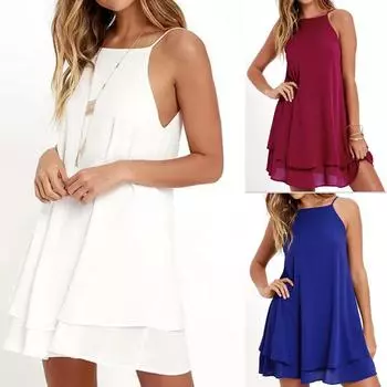 Женское модное повседневное сплошное цветное свободное сексуальное платье без рукавов на подтяжках M синий