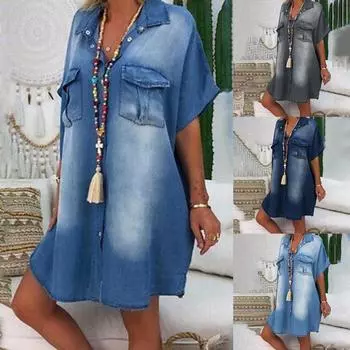 Женское модное повседневное сплошное однобортное однобортное платье-рубашка с короткими рукавами и карманами XXL серый