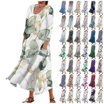 Женское модное повседневное свободное карманное платье с круглым вырезом и рукавами 3/4