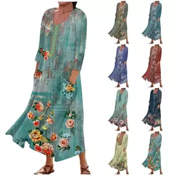 Женское модное повседневное свободное карманное платье с круглым вырезом и рукавами 3/4