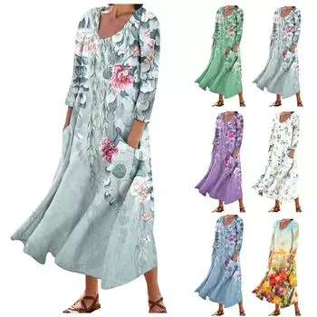 Женское модное повседневное свободное карманное платье с круглым вырезом и рукавами 3/4 L фиолетовый