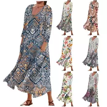 Женское модное повседневное свободное карманное платье с круглым вырезом и рукавами 3/4 XXL